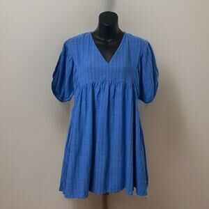 Umgee USA Dress Women Small Blue Linen Blend Gingham Pockets Boho Lagenlook Fun